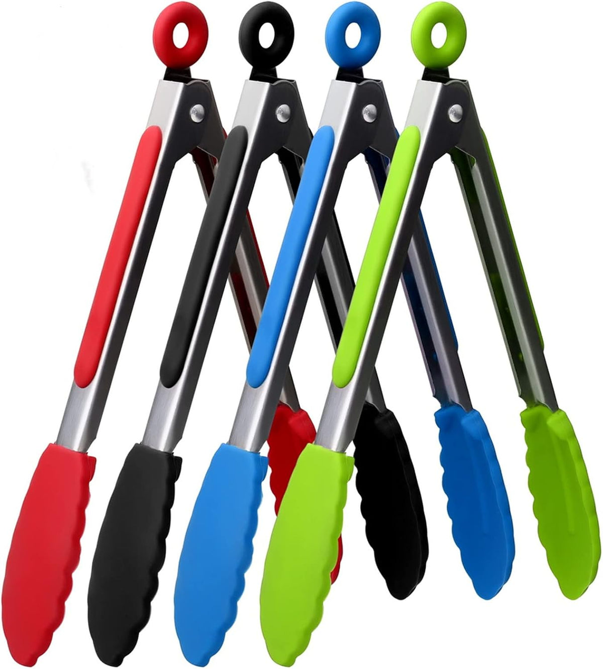 ZHIYE 4Pcs Silicone Tongs, Kitchen Tongs 7” Non-slip & Easy Grip Stainless Steel Handle - Smart Locking Clip - Heat Resistant, Food Grade