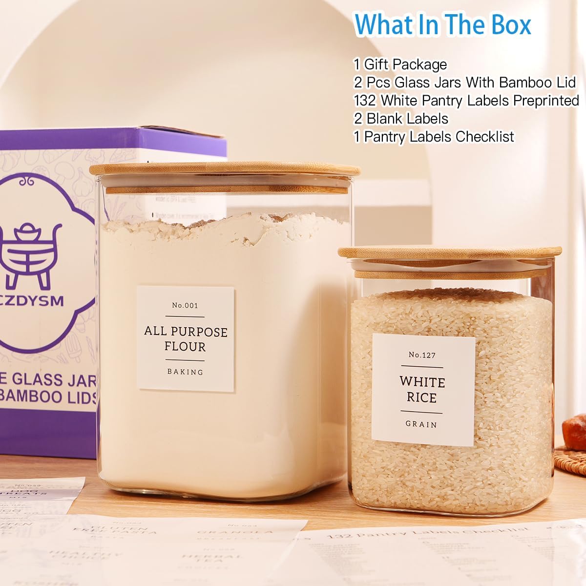 2 Pack large Square Glass Flour and Sugar Containers with 132 Kitchen Pantry Labels - 149 floz & 71 floz - Glass Jars with Airtight Bamboo Lid - Glass Rice Canisters for Coffee, Pasta, Cookie, Cereal