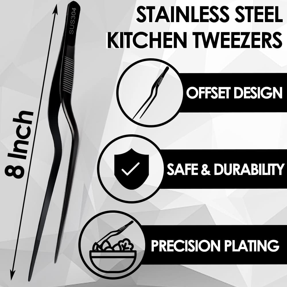 Gutsdoor 8 Inch Plating Tweezers Stainless Steel Precision Culinary Tweezer Silver Kitchen Straight Tweezers Tongs
