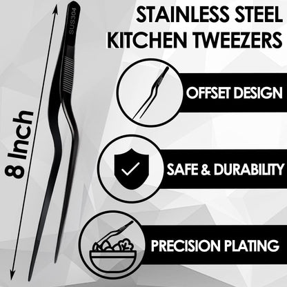 Gutsdoor 8 Inch Plating Tweezers Stainless Steel Precision Culinary Tweezer Silver Kitchen Straight Tweezers Tongs