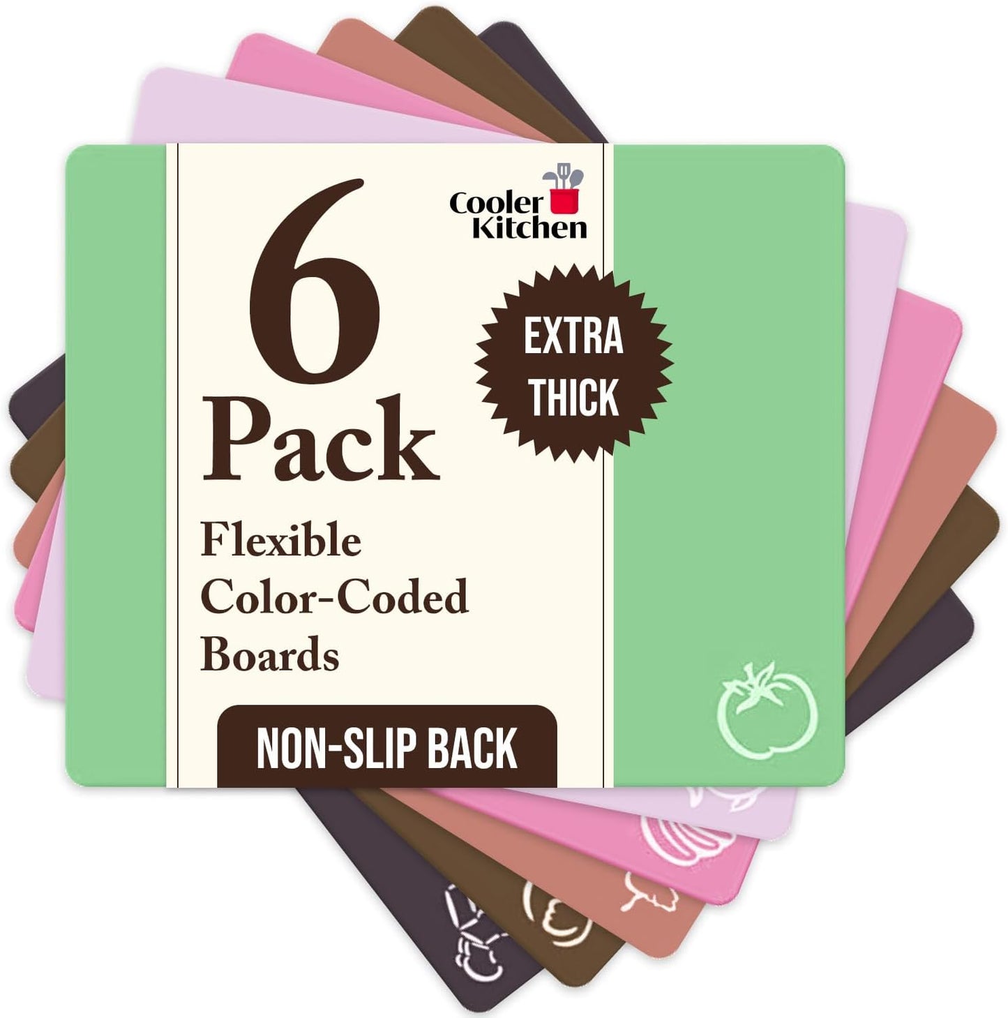 Extra Thick Flexible Plastic Cutting Board Mats, Set of 6 for Kitchen, BPA Free, Non-Slip Waffle Back, Dishwasher Safe Cutting Boards, Color Coded with Food Icons, 15x12 Inch - Cooler Kitchen