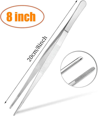 2Pcs Stainless Steel Kitchen Tweezers, 8-Inch Culinary Fine Tweezer Tongs Food Tongs for Cooking Tongs with Precision Serrated Tips for Surgical & Sea Food (8-Inch/2Pcs)