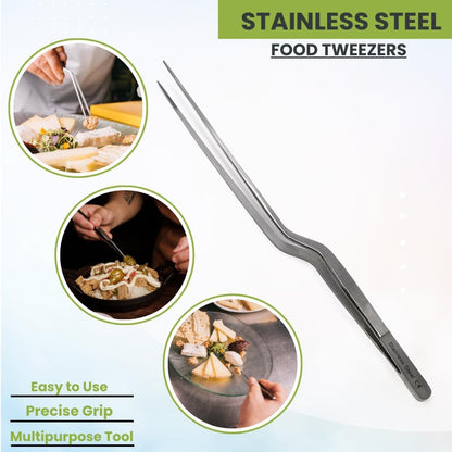 Stainless Steel Offset Chef Kitchen Tweezers for Preparing, Sea Food, BBQ, Decorating Plates & Cakes, Pastries, Kernels of Corn, Pine Nuts Garnishing, Placing & Picking Objects (8 Inch)
