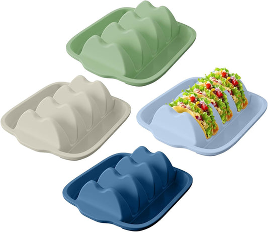 Silicone Taco Holder Set of 4 - Reusable Taco Stands with Dividers, Taco Tuesday Kit for Family Mexican Meals, Non-Slip Sturdy Taco Tray Racks, Dishwasher & Microwave Safe