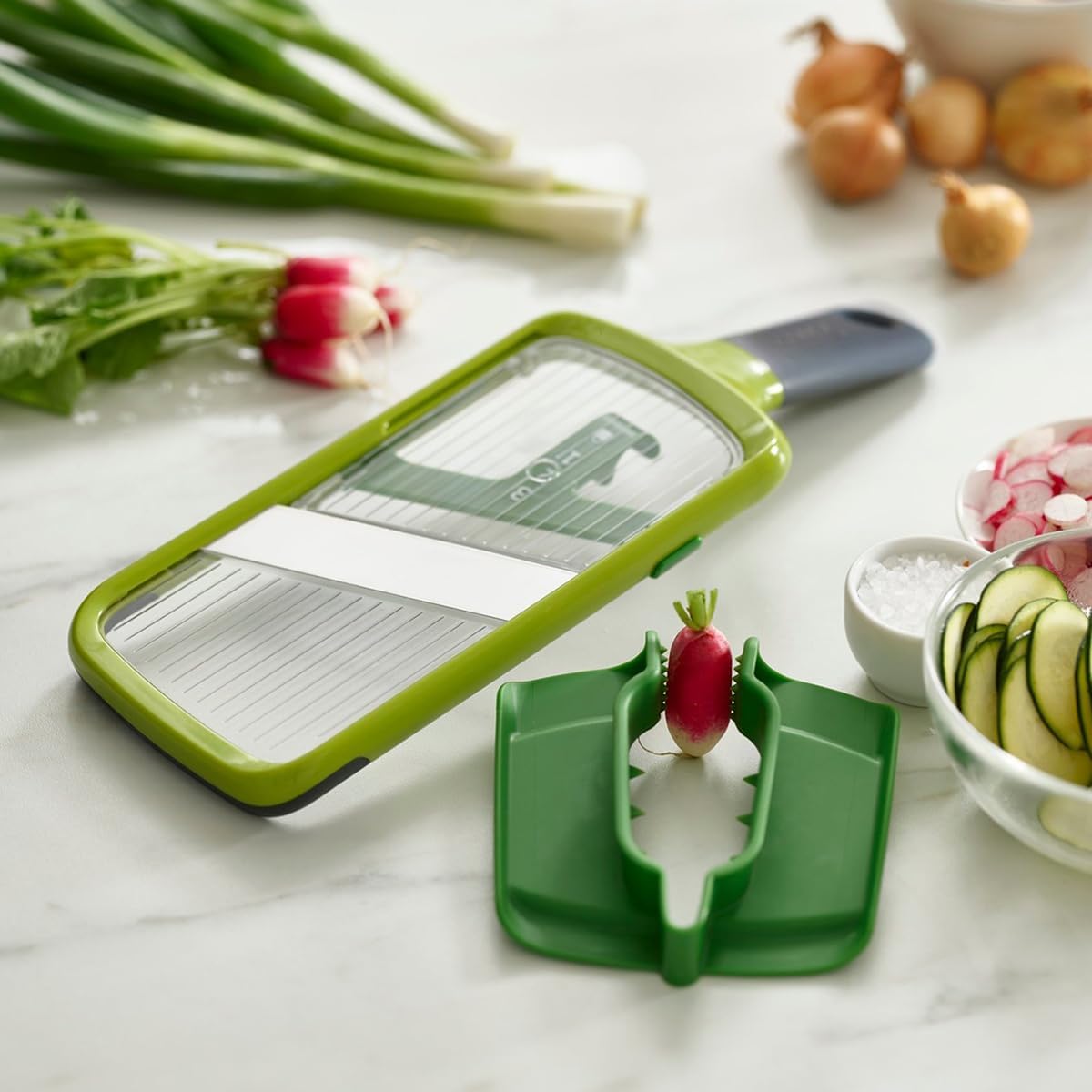 Joseph Joseph Multi-Grip Hand-held Kitchen Mandoline, Fruit and Vegetable Slicer with Food Grip and Adjustable Blades, Dishwasher Safe