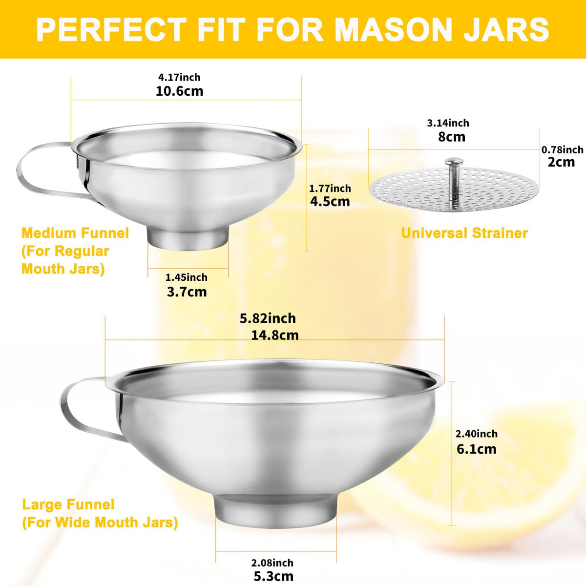 Stainless Steel Canning Funnel with Strainer, 3 Piece Wide & Regular Mouth Jar Funnels Set, Large & Small Metal Funnels with Detachable Umbrella Strainer, for Mason Jars, Jam, Liquids, Dry Goods