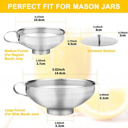 Stainless Steel Canning Funnel with Strainer, 3 Piece Wide & Regular Mouth Jar Funnels Set, Large & Small Metal Funnels with Detachable Umbrella Strainer, for Mason Jars, Jam, Liquids, Dry Goods