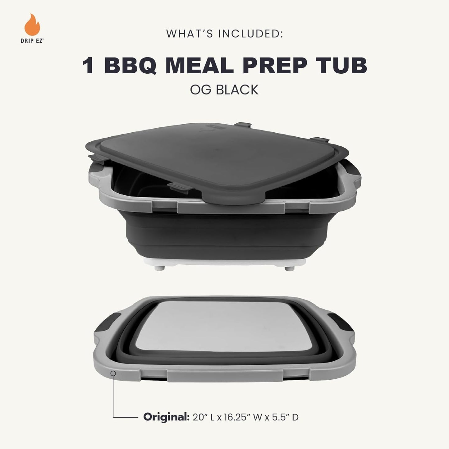 Drip EZ Collapsible BBQ Prep Tub - for Meal Prep Marinating Food Storage - Includes Cutting Board & Locking Lid - (1) XL - Black
