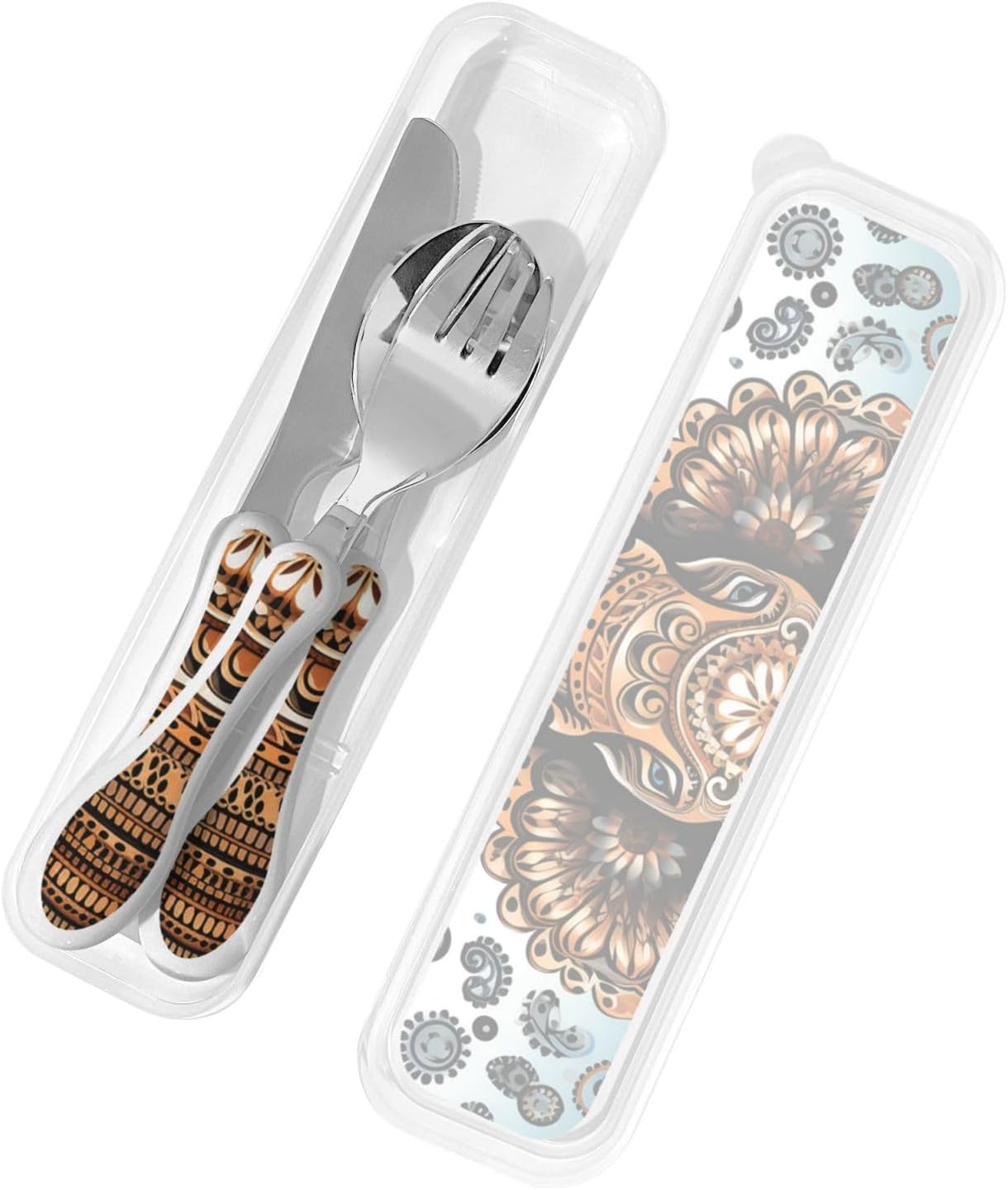 3-Piece Kids Silverware Set With Storage Case, Stainless Steel Reusable Children Safe Knife Spoon Fork Set Elephant Pattern Children Flatware Set For Kids Lunch Box