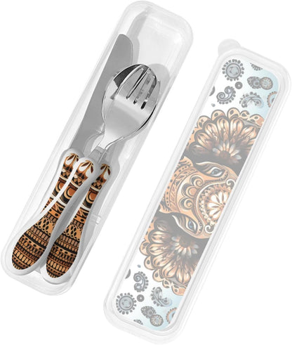 3-Piece Kids Silverware Set With Storage Case, Stainless Steel Reusable Children Safe Knife Spoon Fork Set Elephant Pattern Children Flatware Set For Kids Lunch Box