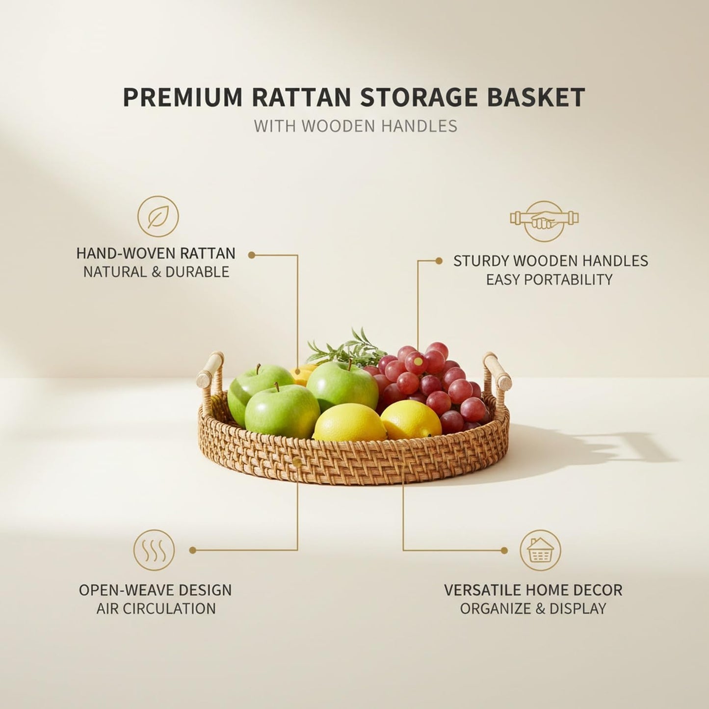 Hand Woven Rattan Basket with Wooden Handle, Natural Open Weave Storage Bin for Countertop Organization, Produce, and Snacks