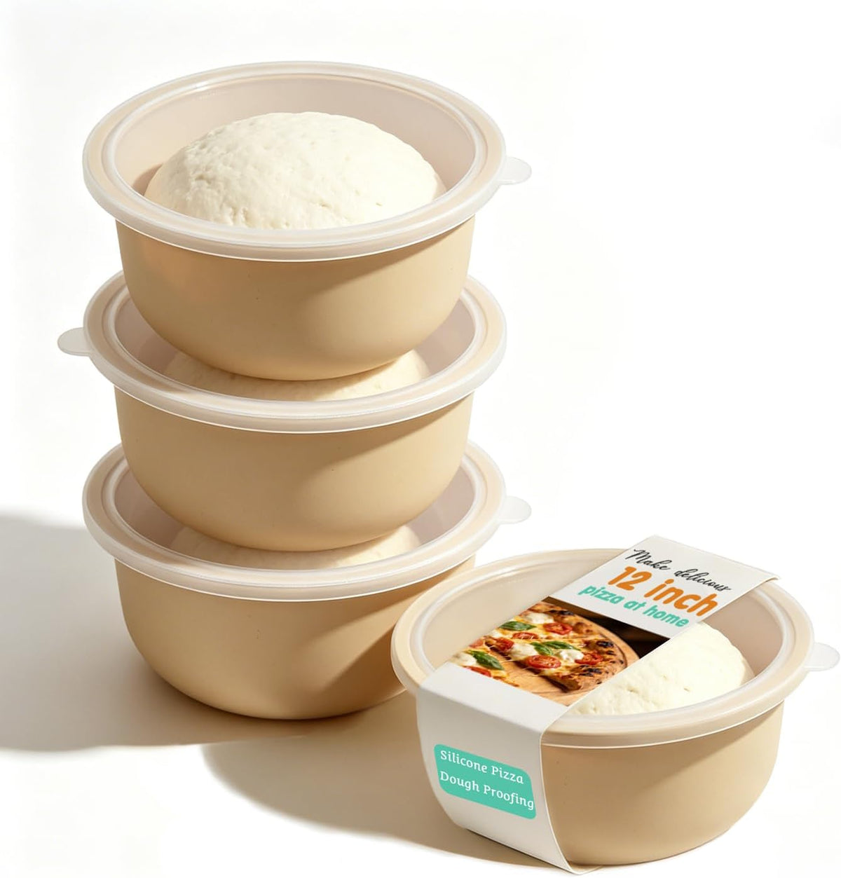 Stackable Silicone Pizza Dough Proofing Containers with Lids,Pizza Dough Proofing Box | Make 12" Pizzas 700ml(Beige)