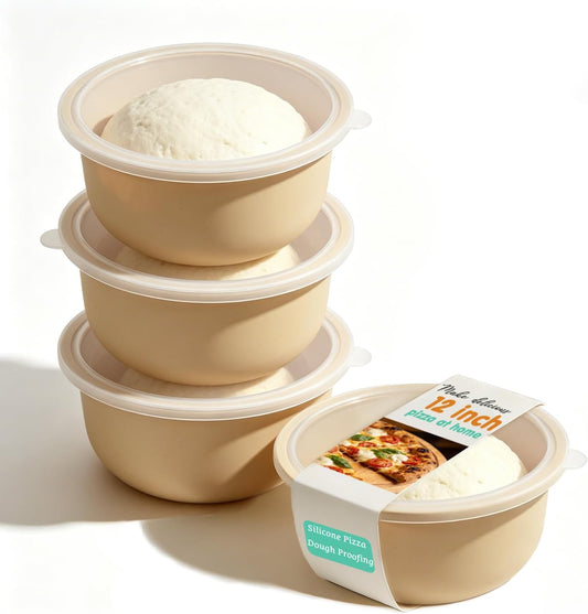 Stackable Silicone Pizza Dough Proofing Containers with Lids,Pizza Dough Proofing Box | Make 12" Pizzas 700ml(Beige)