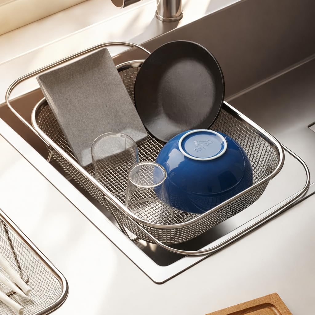Large Adjustable Over-the-Sink Expandable Dish Drying Rack with Stainless Steel Drain Basket, Telescopic Space-Saving Kitchen Organizer for Fruits & Vegetables