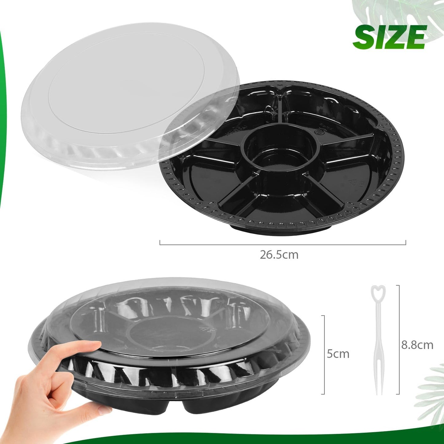 Plastic Appetizer Tray with Lid - Heavy Duty,Recyclable 12 in. Veggie Fruit Snacks Trays Disposable Food Storage Containers,10 Pcs Food Serving Platters for Party and Buffet with 100 Forks