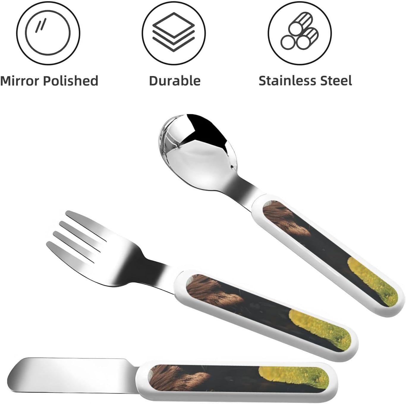 3-Piece Children Utensils Set Grazing wild horses Knife Spoon Fork Set Stainless Steel Silverware Set Easy-Grip Reusable Utensils Set Child Flatware Set with Case for Lunch Travel