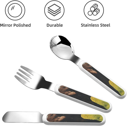 3-Piece Children Utensils Set Grazing wild horses Knife Spoon Fork Set Stainless Steel Silverware Set Easy-Grip Reusable Utensils Set Child Flatware Set with Case for Lunch Travel