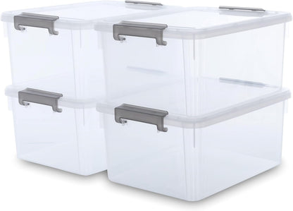 Citylife 32 QT Plastic Storage Bins with Latching Lids Stackable Storage Containers for Organizing Large Clear Storage Box for Garage, Closet, Kitchen, 4 Packs