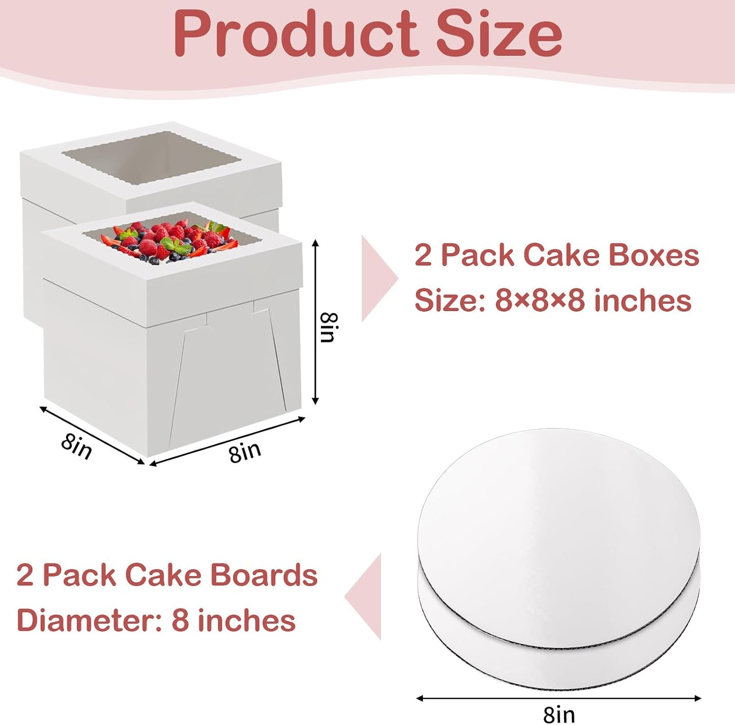 WINKIO 10 Inch Cake Box with Cake Boards, 2 Pack Disposable Cake Carrier, Cakes Transport Container, White Bakery Holder with Window, for Cookies Pies Cupcakes Pastry (10×10×8 Inches)