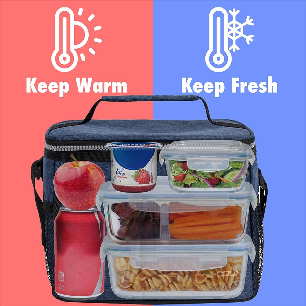 opux Insulated Lunch Bag for Men Women, Leakproof Black Lunch Box for Work, Portable Soft Lunch Cooler Bag with Shoulder Strap, Adult Lunchbox Lunch Pail for Kid Boy Girl School, 14 Can/8L