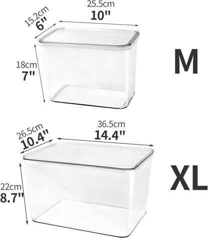 Clear Storage Bins With Lids,4 Packs Food Storage Organizer,Stackable Kitchen Cabinet,Bathroom Basket,Fridge Organization.Pantry Transparent Containers For Fruits,Drinks