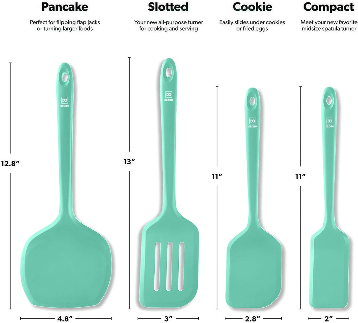 DI ORO Silicone Turner Spatula Set - Kitchen Spatulas for Nonstick Cookware - Cooking Utensils for Flipping Eggs & Pancakes - 600°F Heat-Resistant BPA Free Turners - Dishwasher Safe (4pc, Black)