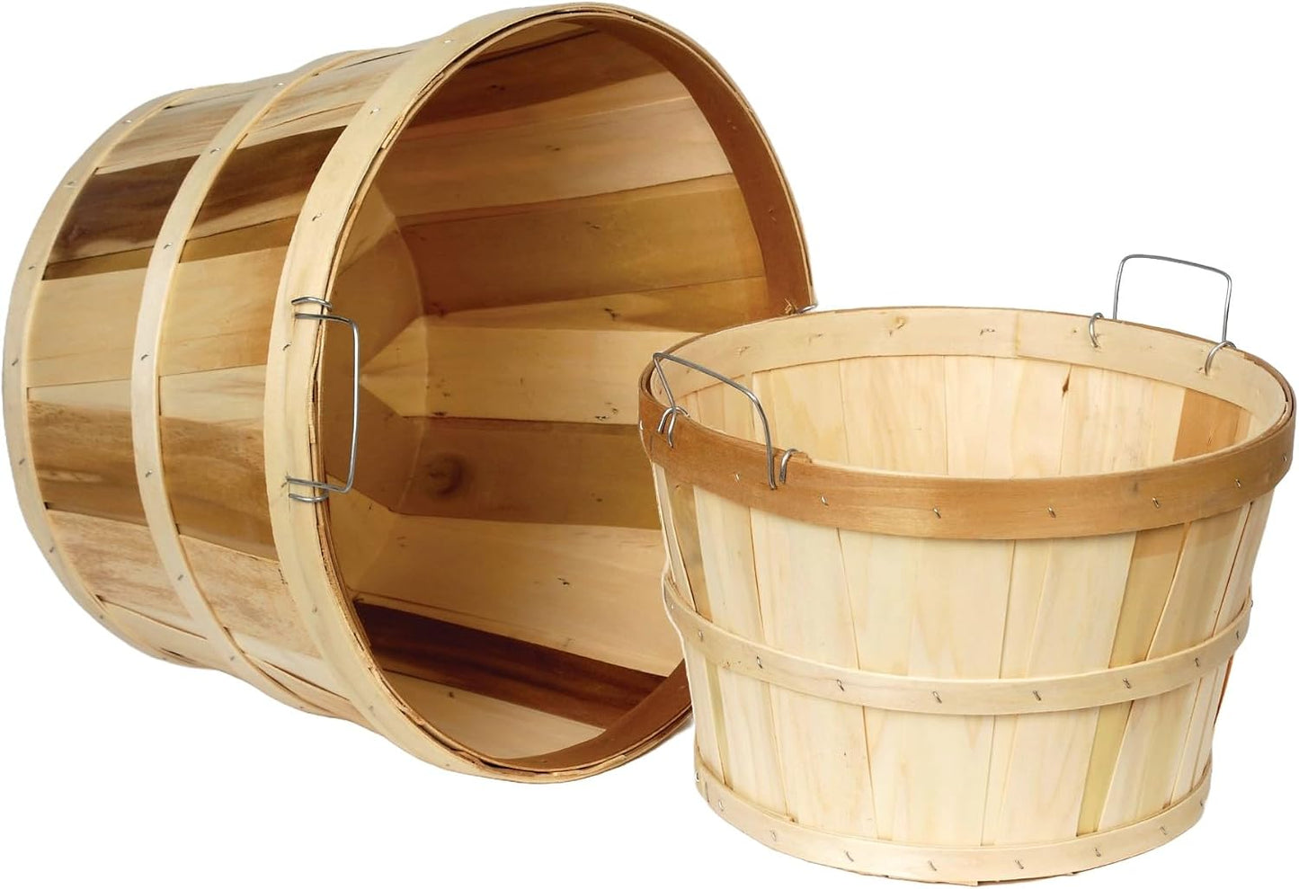 Lehman's Handcrafted Storage Baskets, Vintage Style USA Made Poplar Wood with Wire Handles, Set of 2 with One Bushel and One Half Bushel Basket