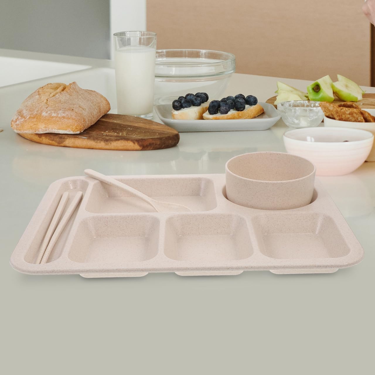 Cabilock Meal Prep Container Wheat Straw Divided Plates Divided Dinner Tray Beige Sections Dinner Plates with Bowl Spoon Chopsticks Cutlery Tableware for Adults Portion Control Plates