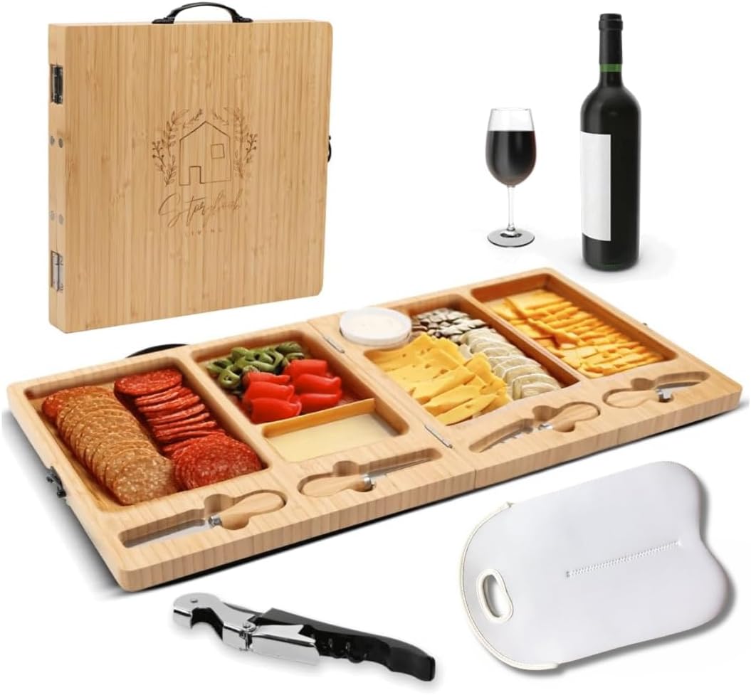 Charcuterie Boards Set - Large Bamboo Cheese Board with Charcuterie Accessories - Wooden Cheese Platter - Foldable Charcuterie Board for House Warming Gifts New Home & Wedding Gifts