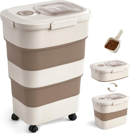 ZOMISIA 40-50lbs Dog Food Storage Container, Large Capacity Collapsible Airtight Pet Food Storage Containers with Rolling Wheels, Transparent Lid, Scoop and Date Track, Brown