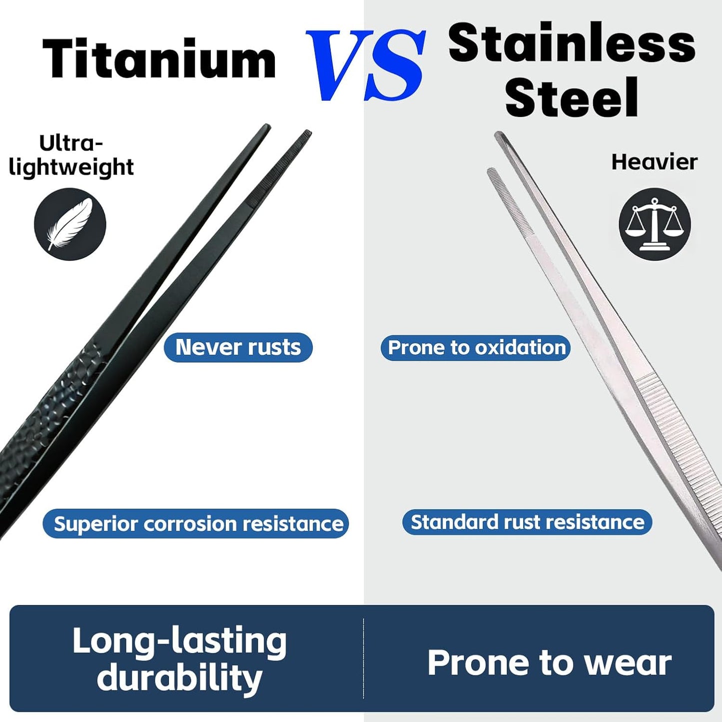 Titanium Kitchen Tweezers Set Professional, Chef Plating Tongs, Ultra Lightweight Non Rust Food Tweezer for Cooking, Baking, Decorating(Silver)