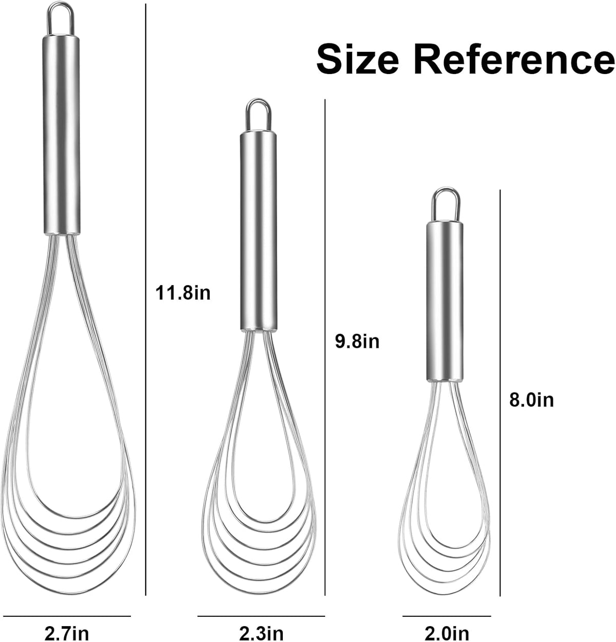 Flat Whisk Stainless Steel Flat Whisk for Cooking Kitchen Flat Wire Whisk Set Egg Mixing Whisks for Cooking, Blending, Whisking, Beating and Stirring, (3Pack, 8 Inch, 10 Inch, 12 Inch)