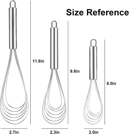 Flat Whisk Stainless Steel Flat Whisk for Cooking Kitchen Flat Wire Whisk Set Egg Mixing Whisks for Cooking, Blending, Whisking, Beating and Stirring, (3Pack, 8 Inch, 10 Inch, 12 Inch)