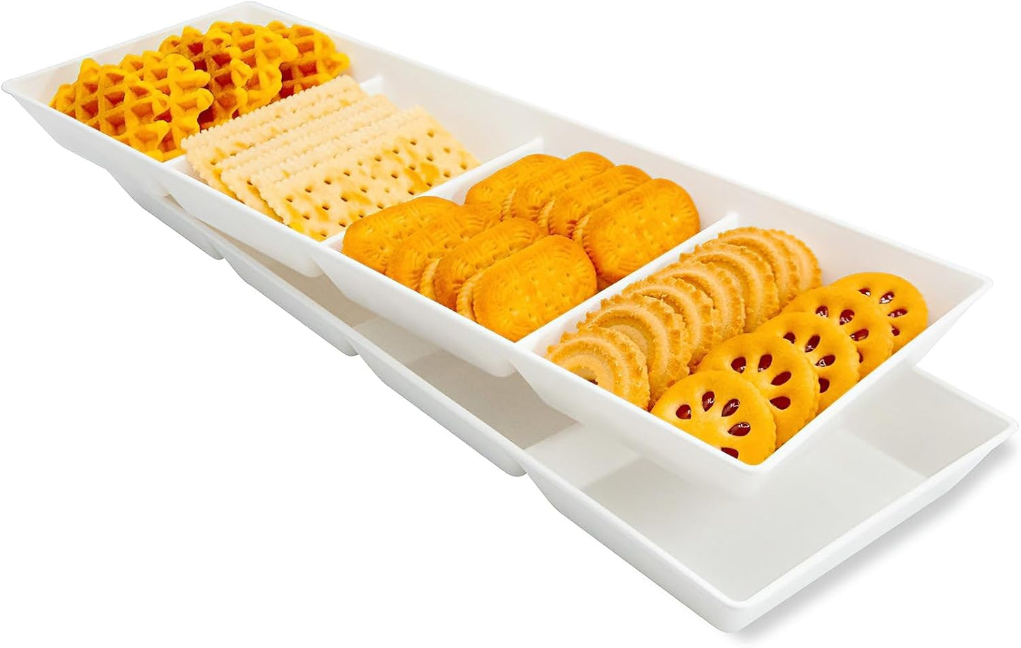Divided Serving Tray Platter, 4 Pack 15" x 10" Fruit Veggie Food Tray for Party, Plastic Serving Trays for Appetizer, Snack, Dessert, Cookie, Brunch Decorations Platters, White Trays BPA-Free