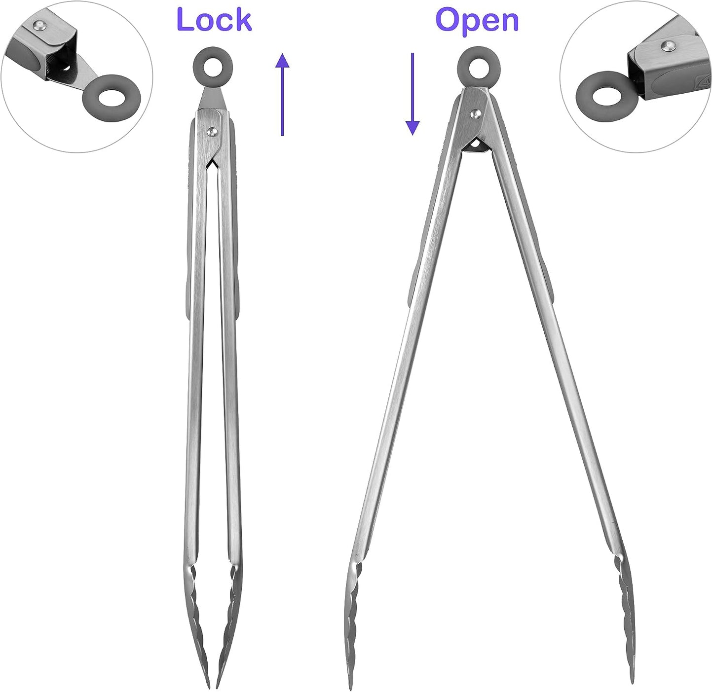 304 Stainless Steel Kitchen Cooking Tongs, 9" and 12" Set of 2 Sturdy Grilling Barbeque Brushed Locking Food Tongs with Ergonomic Grip, Black