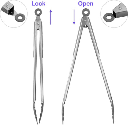 304 Stainless Steel Kitchen Cooking Tongs, 9" and 12" Set of 2 Sturdy Grilling Barbeque Brushed Locking Food Tongs with Ergonomic Grip, Black