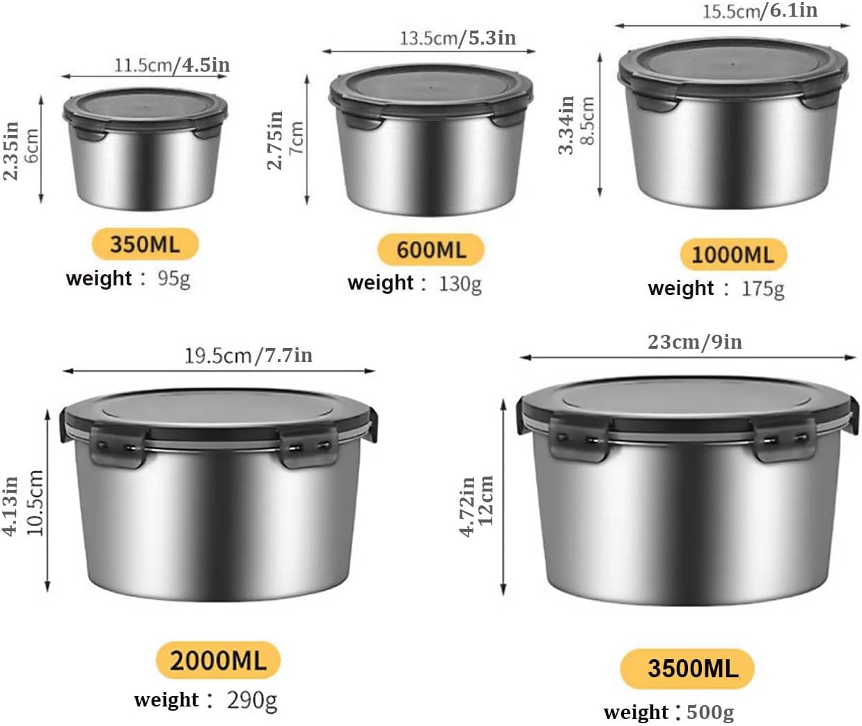 Stainless Steel Food Containers with Lids, Set of 5 Meal Prep Container Reusable Metal Food Storage Bento Lunch Box for Kitchen Picnic, BPA Free,67oz,118oz)