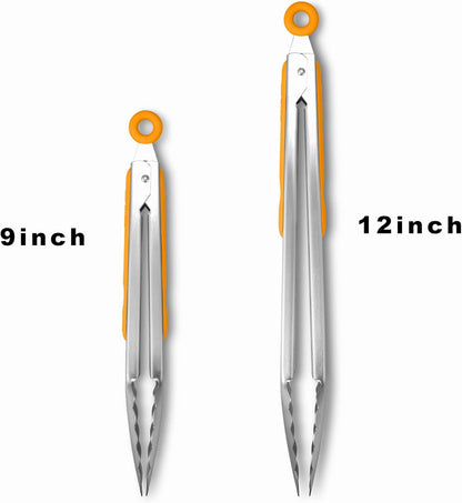 304 Stainless Steel Kitchen Cooking Tongs, 9" and 12" Set of 2 Sturdy Grilling Barbeque Brushed Locking Food Tongs with Ergonomic Grip, Black