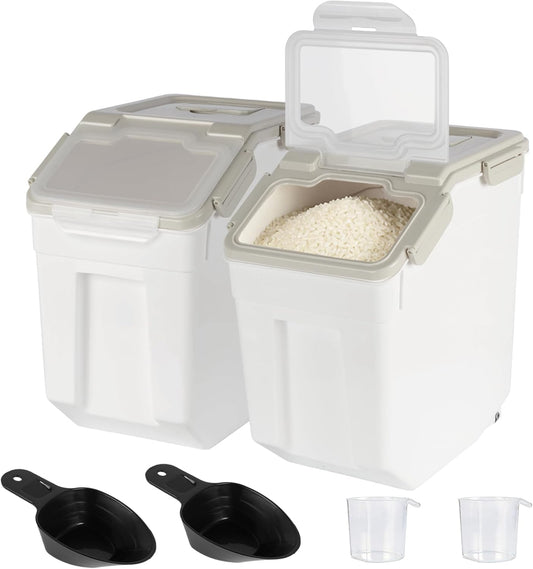 Rice Storage Container 25 lbs, Grey, 2 Pack | Airtight, with Wheels, Locking Lid, Measuring Cup Included, for Flour Sugar Grain Cereal