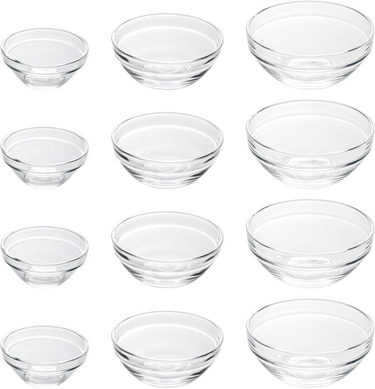 3 Sizes of Clear Glass Bowls, 2.5, 3.5 & 8.5 oz, Small Prep Bowls for Salt, Herbs, Spices and Dry Ingredients, Set of 12