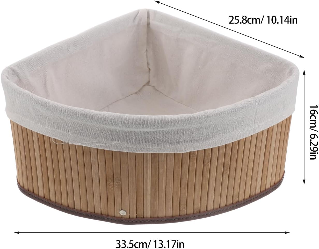 Corner Storage Basket - Bamboo Woven Organizer with Liner - Woven Pantry Basket for Shelves - Triangle Storage Bin for Kitchen, Bathroom and Bedroom (White)