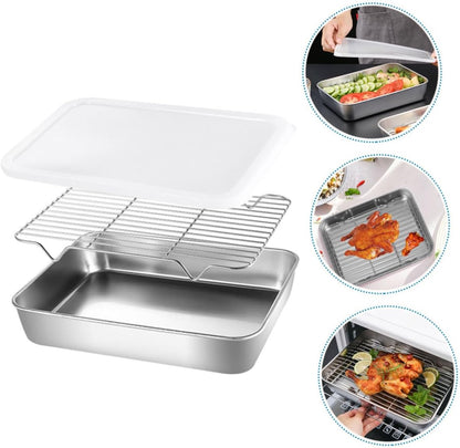 Healifty Stainless Steel Deep Kitchen Prep Tray Oil Filter BBQ Roasting Pan Set for Cooking and Baking Sturdy Food Container Rack for Grilling and Oven Use