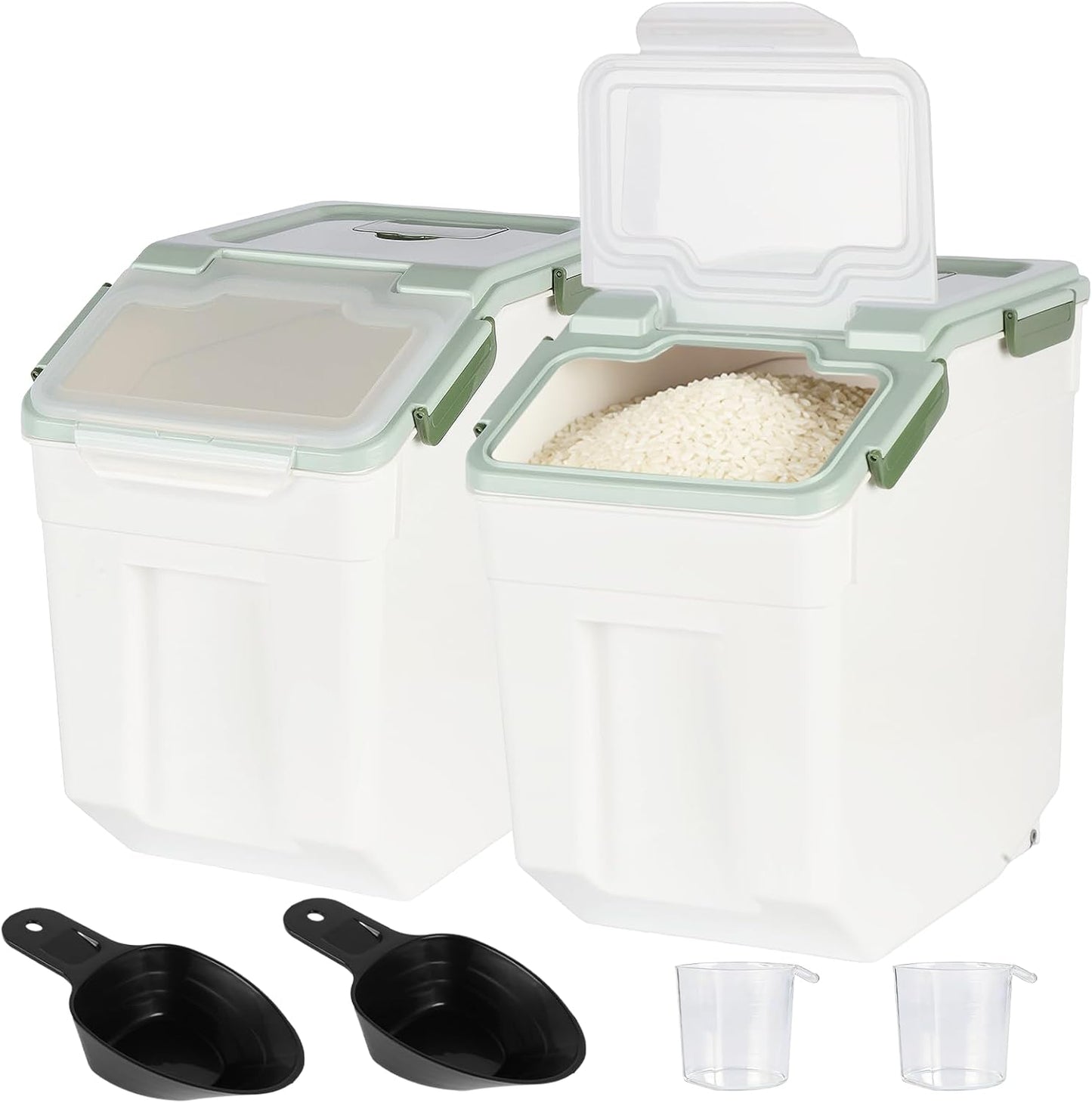 Rice Storage Container 50 lbs, Blue, 2 Pack | Airtight, with Wheels, Locking Lid, Measuring Cup Included, for Flour Sugar Grain Cereal