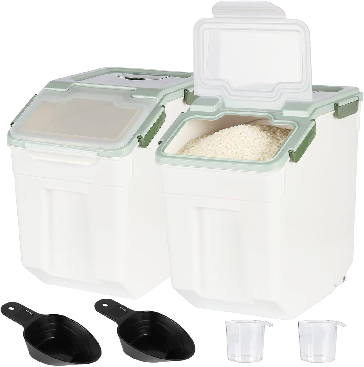 Rice Storage Container 25 lbs, Grey, 2 Pack | Airtight, with Wheels, Locking Lid, Measuring Cup Included, for Flour Sugar Grain Cereal