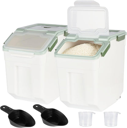 Rice Storage Container 25 lbs, Grey, 2 Pack | Airtight, with Wheels, Locking Lid, Measuring Cup Included, for Flour Sugar Grain Cereal