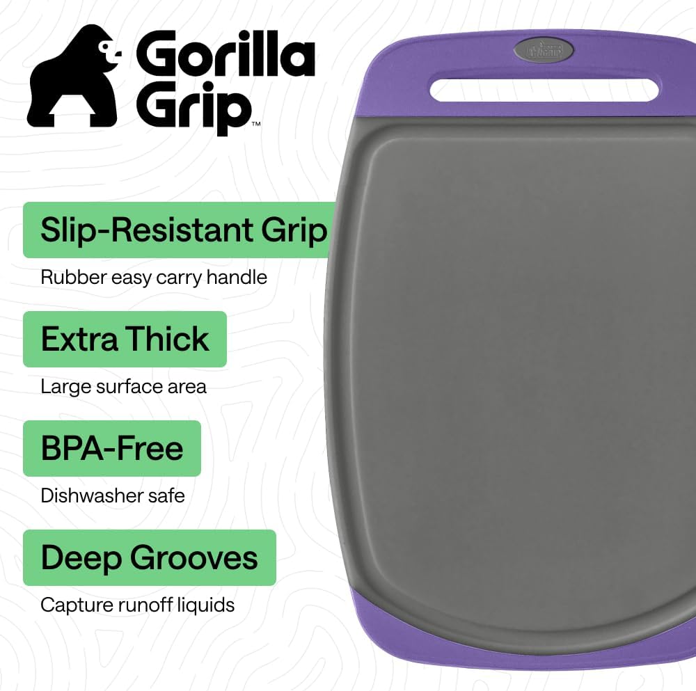 GORILLA GRIP BPA-Free Reversible Kitchen Cutting Board Set of 3, US Designed, Nonporous, Juice Grooves Catch Liquid, Slip Resistant Border, Dishwasher Safe, Durable Large Food Chopping Boards, Black