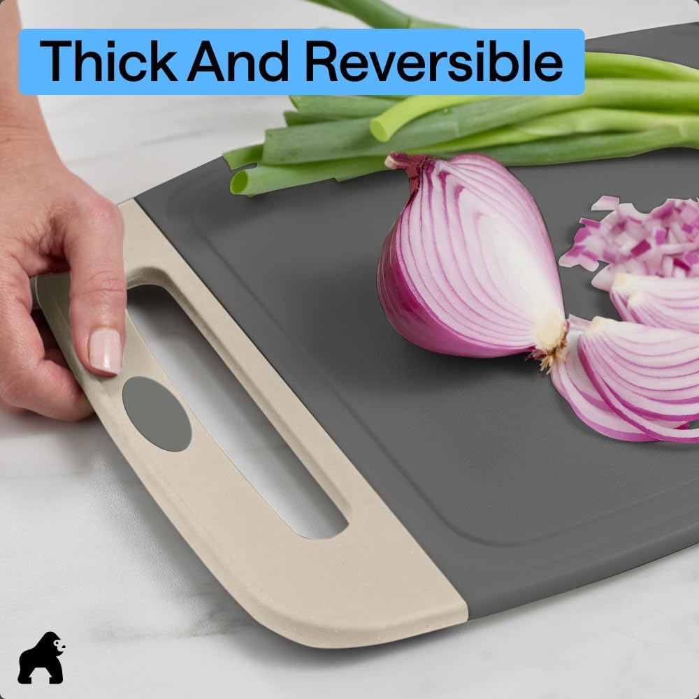 GORILLA GRIP BPA-Free Reversible Kitchen Cutting Board Set of 3, US Designed, Nonporous, Juice Grooves Catch Liquid, Slip Resistant Border, Dishwasher Safe, Durable Large Food Chopping Boards, Black