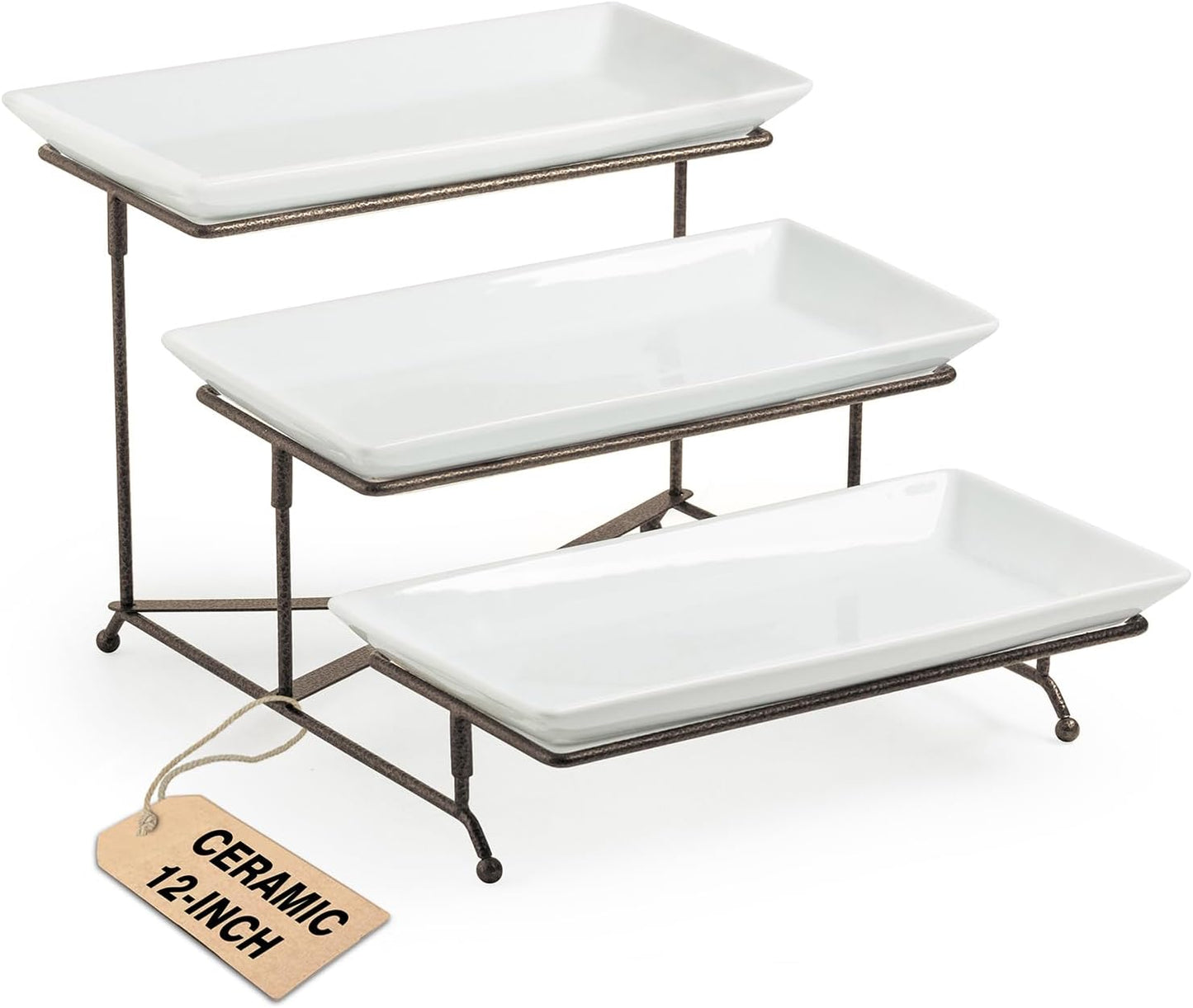 LAUCHUH 3 Tier Serving Tray, Porcelain Serving Platter Tier Serving Stand with Collapsible Sturdier Rack, Serving Trays and Platters Dessert Party Display Set for Father's Day, Gold, 12 Inch