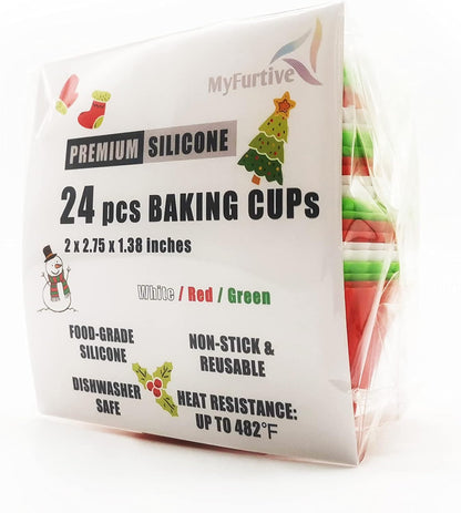 Silicone Cupcake Baking Cups - 24 Pieces Reusable, Muffin Liners, White, Red and Green, BPA Free, Dishwasher Safe MyFurtive Baking Cups, 100% Food Grade Premium Silicone