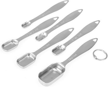 13-piece Measuring Cups and Spoons Set, 18/8 Stainless Steel Heavy Duty Ergonomic Handle with Ring Connector, Silver